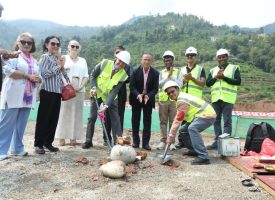 Dr. Ghanshyam Upadhyaya, the Secretary of the Ministry of Finance and MCA-Nepal Board Chair, and U.S. Chargé d’Affaires a.i. Scott Urbom groundbreaking the construction work