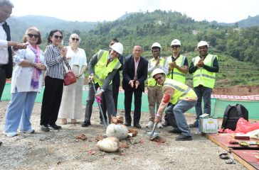 Dr. Ghanshyam Upadhyaya, the Secretary of the Ministry of Finance and MCA-Nepal Board Chair, and U.S. Chargé d’Affaires a.i. Scott Urbom groundbreaking the construction work